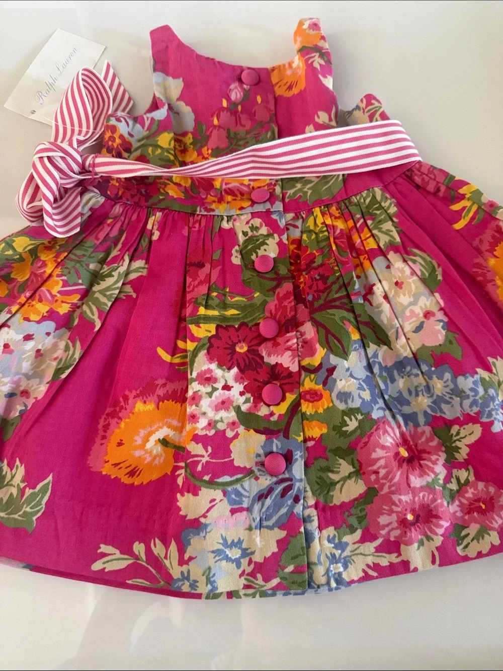 Ralph Lauren Hot Pink Floral Dress with Striped Bow and Bloomers